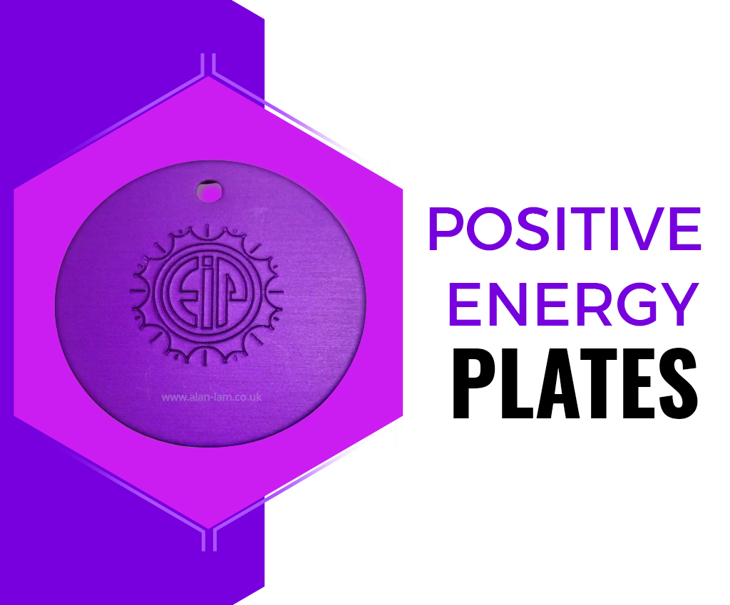 Positive Energy Plates with a logo on it